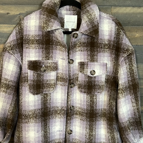 New Avec Les Fills Plaid Shirt Jacket Size Small in Brown/Lavender - Picture 5 of 16